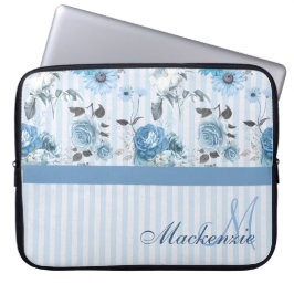 Capa Para Notebook Padrão Striped Personalizado Com Flores Azuis
