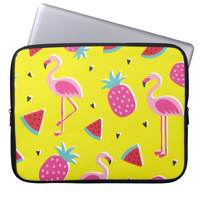 Capa Para Notebook padrão tropical com abacaxi rosa, flamingos, w (Frente)