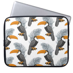 Capa Para Notebook Padrão tropical uniforme com tucanos e folhas.