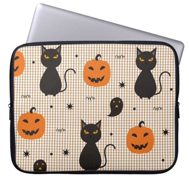 Capa Para Notebook Padrão uniforme de Halloween com gato preto e ghos (Frente)