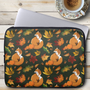 Capa Para Notebook Padrão Verde de Folhas de Outono da Raposa Vermelh