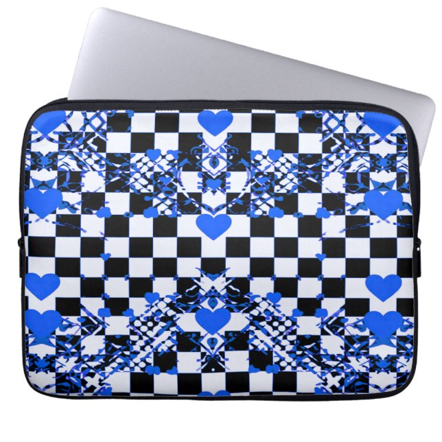 Capa Para Notebook Padrão Xadrez Com Corações Azuis & Formas (Frente)