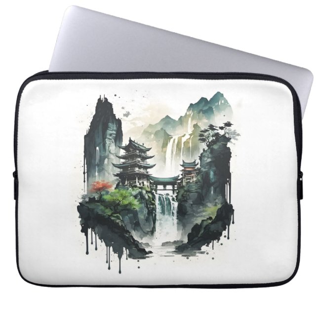 Capa Para Notebook Paisagem Chinesa Antiga com Cascata (Frente)