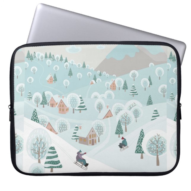 Capa Para Notebook Paisagem de inverno com neve, árvores e crianças (Frente)