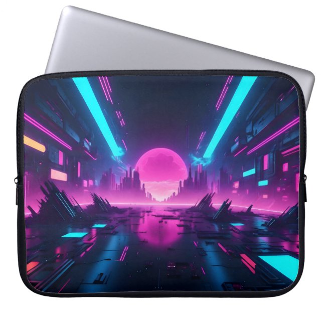 Capa Para Notebook Paisagem Urbana Cyberpunk Neon Synthwave Retro Tec (Frente)