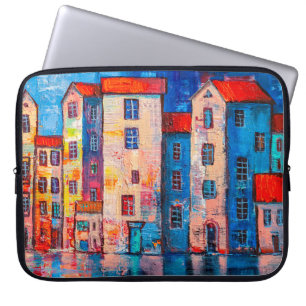 Capa Para Notebook Panorama de rua com casas coloridas. Impressão