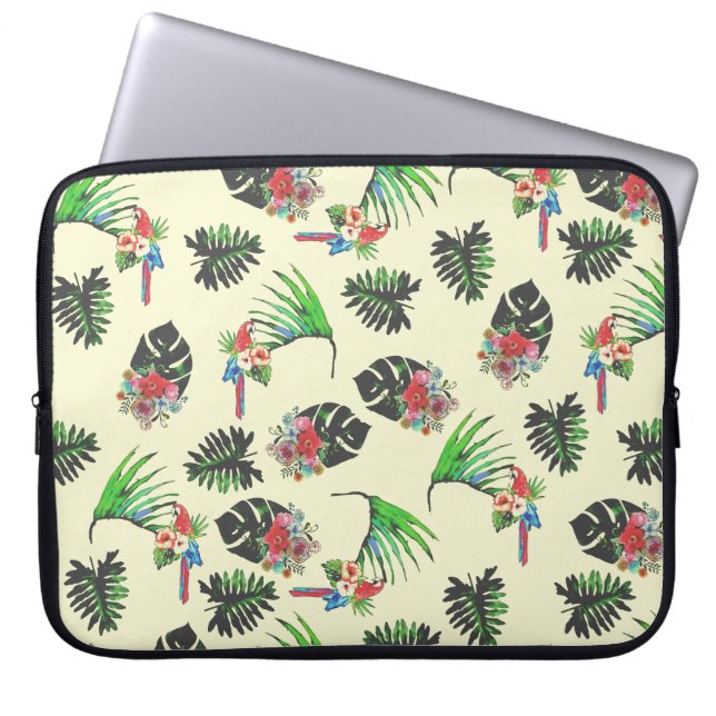 Capa Para Notebook Papagaio Tropical e Folhas Padrão de Aquarela (Frente)