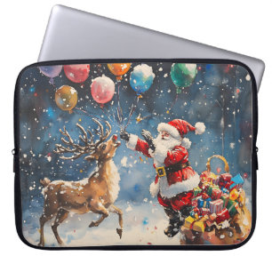 Capa Para Notebook Papai Noel Rena de Aquarela Colorido Balão