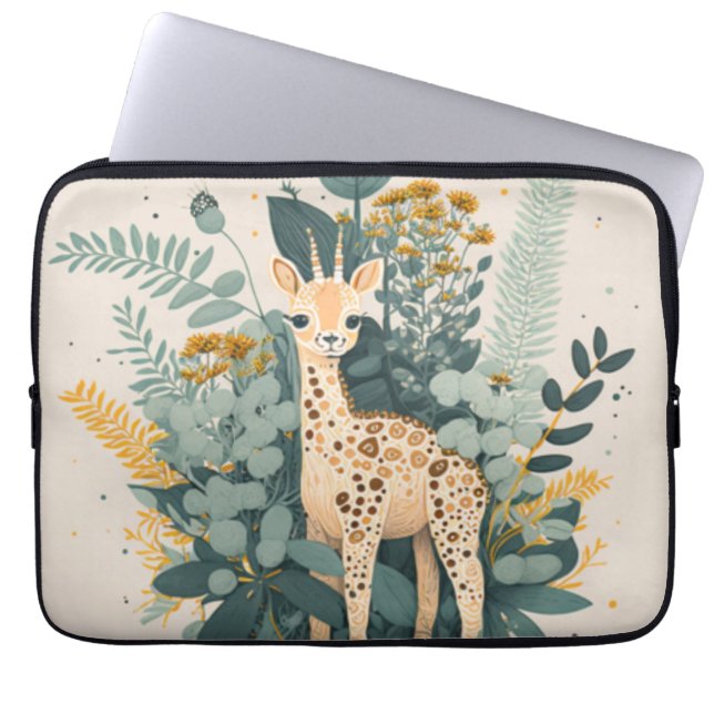 Capa Para Notebook Papel de tecidos florais e girafa (Frente)