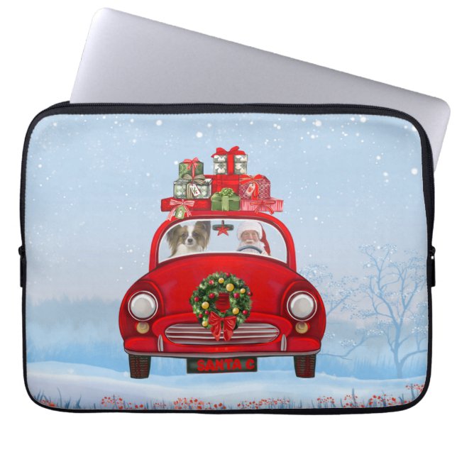Capa Para Notebook Papillon Cão No Carro Com Papai Noel (Frente)