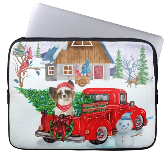 Capa Para Notebook Papillon Dog Em Neve De Caminhão No Parto De Natal (Frente)