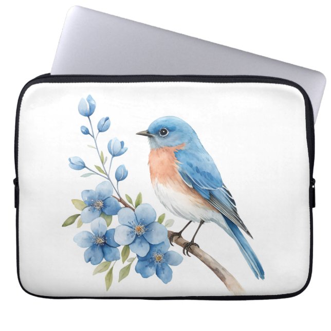 Capa Para Notebook Pássaro azul com flores azuis (Frente)