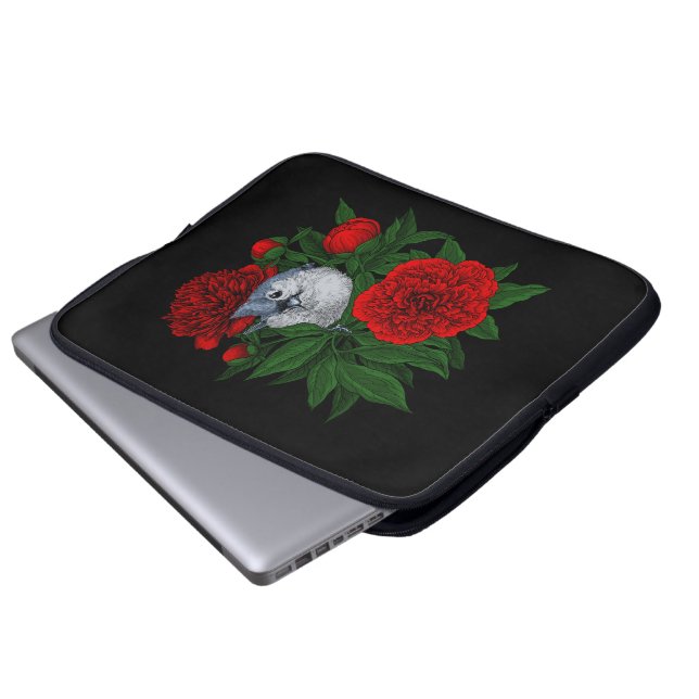 Capa Para Notebook Pássaro em um buquê de peônia vermelho (Frente Inferior)