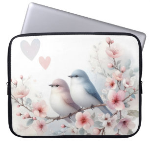 Capa Para Notebook Pássaros de Amor Romântico no Ramo de Cerejeira em