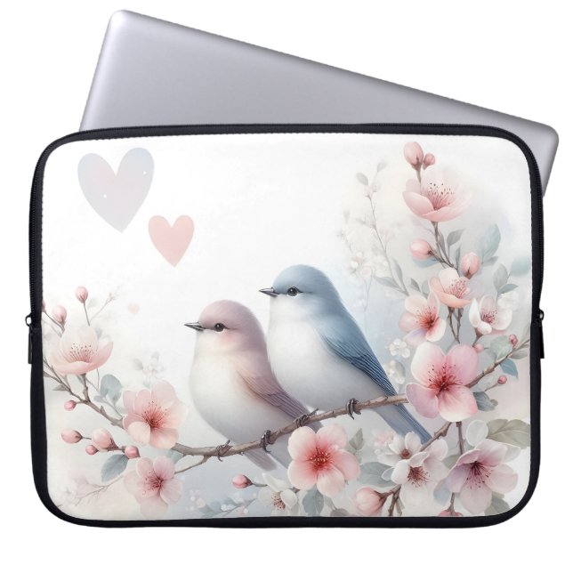 Capa Para Notebook Pássaros de Amor Romântico no Ramo de Cerejeira em (Frente)