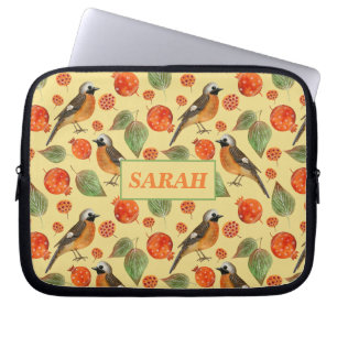 Capa Para Notebook Pássaros de aquarela laranja e padrão de romã