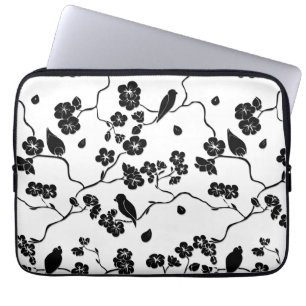 Capa Para Notebook Pássaros Pretos e Brancos com Padrões de Cereja
