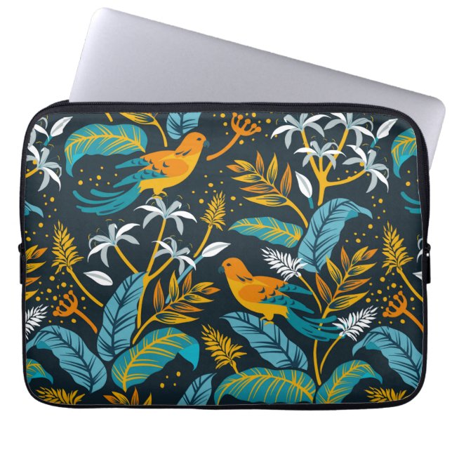Capa Para Notebook Pássaros Tropicais e Folhas Coloridas Padrão (Frente)