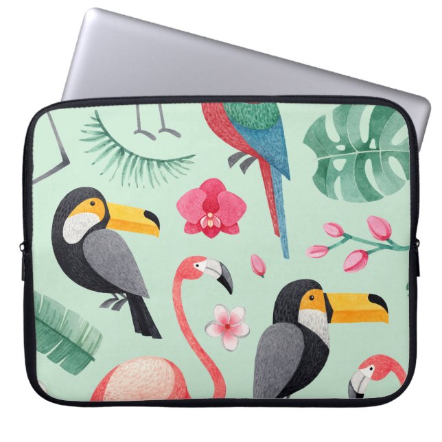 Capa Para Notebook Pássaros tropicais, flores, padrão de aquarela. (Frente)