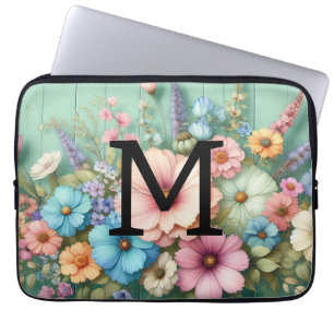 Capa Para Notebook Pastas de monograma com aquarela flores em madeira