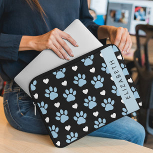 Capa Para Notebook Patas-Cães, Patas Azuis, Corações Brancos, Seu Nom