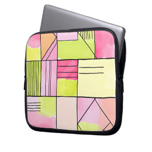 Capa Para Notebook Patchwork Abstrato Rosa e Verde-Limão