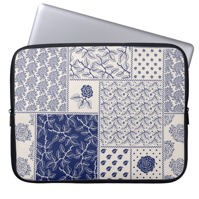 Capa Para Notebook Patchwork Floral do Indigo Blue Beige (Frente)