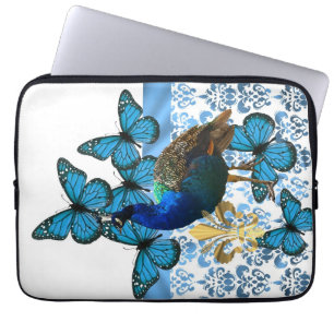 Capa Para Notebook Pavão bonito e borboletas azuis