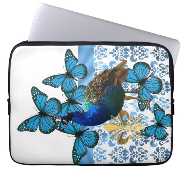 Capa Para Notebook Pavão bonito e borboletas azuis (Frente)