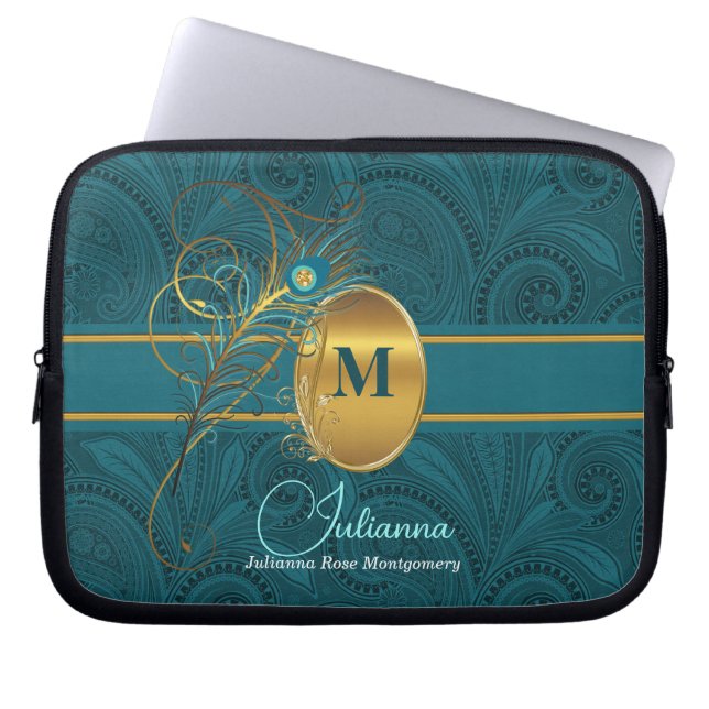 Capa Para Notebook Peacock Monogrammed Elegante Paisley e Dourada (Frente)