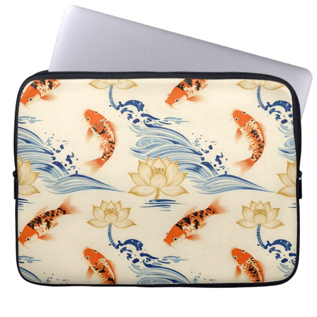 Capa Para Notebook Peixe Koi e Padrão Sem Emenda de Lótus (Frente)