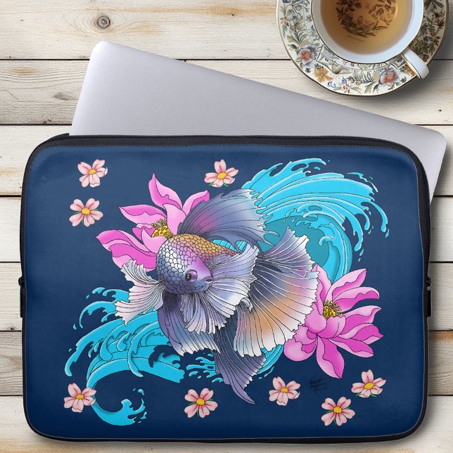 Capa Para Notebook Peixe Lutador Betta Siameses Ondas de Lótus Azul (Criador carregado)