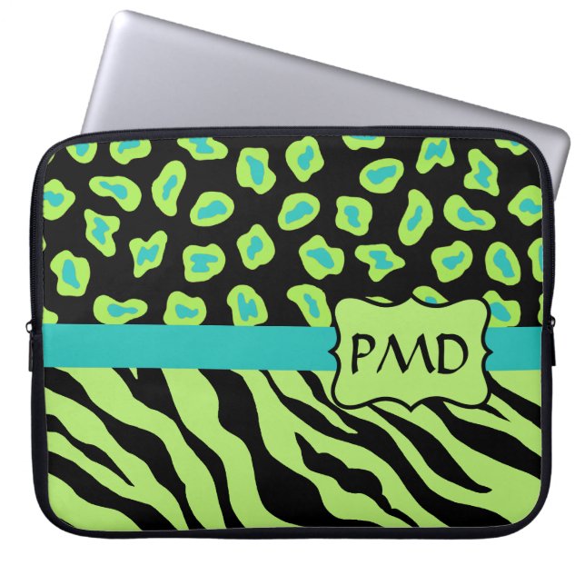 Capa Para Notebook Pele Negra, Verde limão e Turquesa Zebra e Chita (Frente)