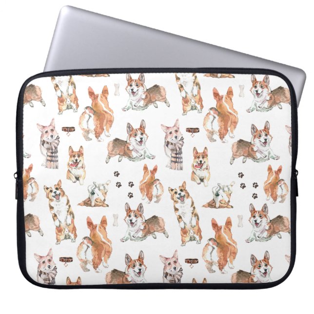 Capa Para Notebook Pembroke Cachorro Galês Corgi Padrão de Aquarela (Frente)