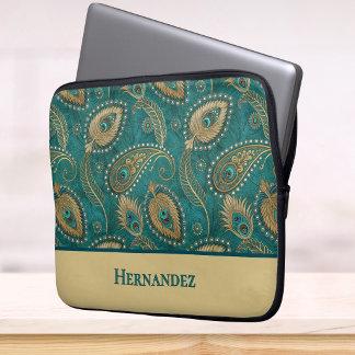 Capa Para Notebook Pena de Pavão Paisley Azul Turquesa Dourado Nome V
