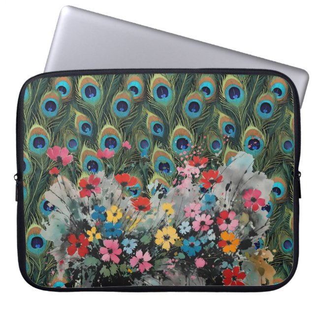 Capa Para Notebook Penas de Pavão Boho e Flores Silvestres (Frente)