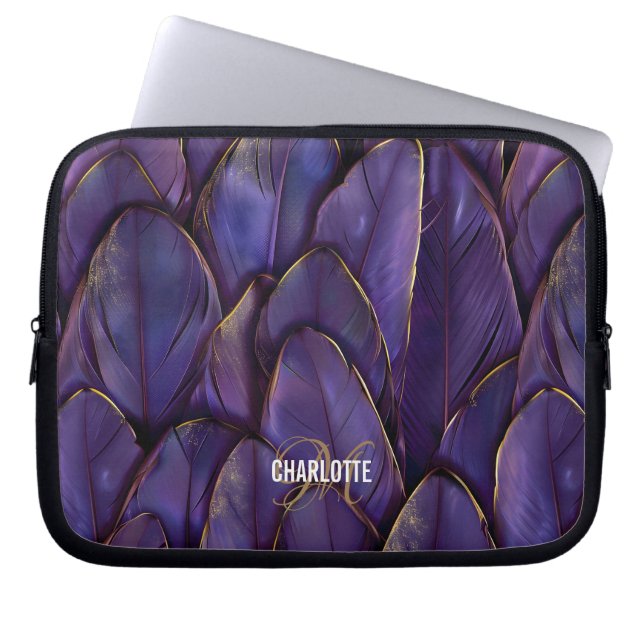 Capa Para Notebook Penas douradas roxas elegantes monograma nome (Frente)