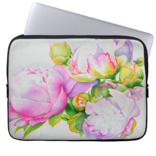 Capa Para Notebook Pêonias, cor de rosa, branca, cor de água floral