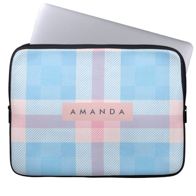 Capa Para Notebook Pérola Personalizada Azul Céu e Rosa Bege Xadrez (Frente)