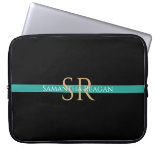 Capa Para Notebook Personalizar Nome & Monograma Listra Verde-Azul Ou