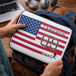 Capa Para Notebook Personalized American Soccer Athlete Patriotic<br><div class="desc">Keep your computer secure and stylish with this custom laptop sleeve featuring a high-impact USA soccer design. This protective sleeve is padded to shield your tech from bumps and scratches, featuring a secure zippered top for daily use. The vibrant stars and stripes background is personalized with your custom name and...</div>