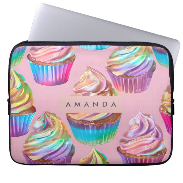 Capa Para Notebook Personalized Rainbow Pastel Cupcake with Glitter (Frente)