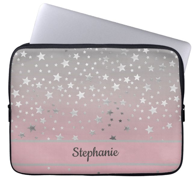 Capa Para Notebook Pessoal Rosa Cinza Estrelas Ombre Elegante Chic (Frente)