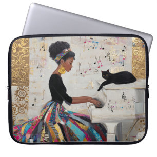 Capa Para Notebook Pianista Negra com Folha de Ouro e Gato