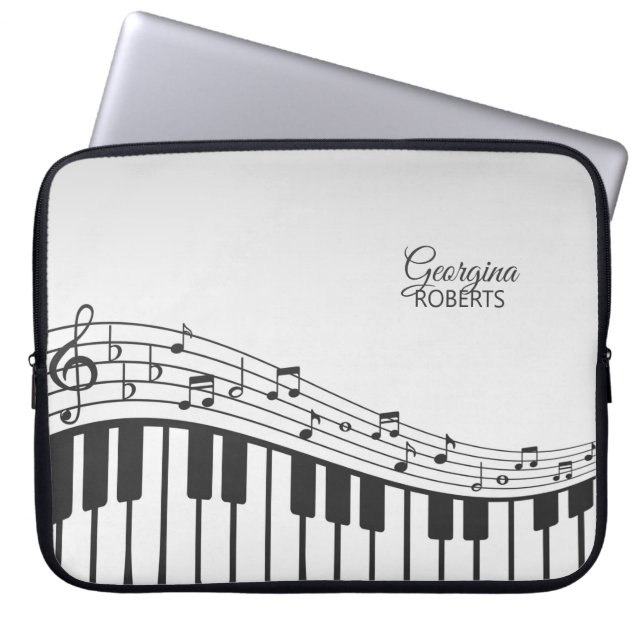 Capa Para Notebook Piano e notas de música com nome personalizado (Frente)