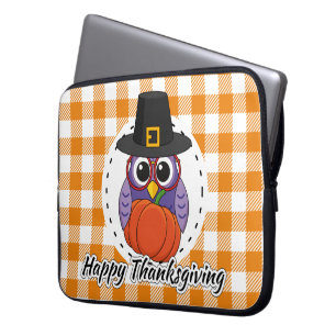 Capa Para Notebook Pilgrim Owl em Orange Xadrez - Feliz Ação de Graça