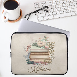 Capa Para Notebook Pilha de Livros Boho Elegante Nome Floral