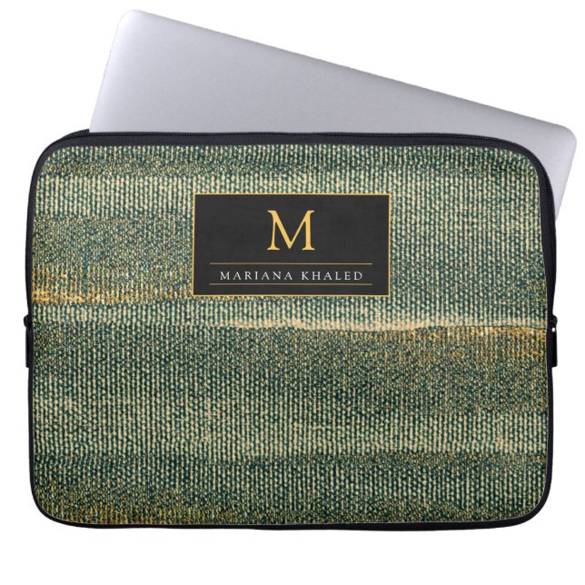 Capa Para Notebook Pincel Verde Elegante com ouro e preto (Frente)