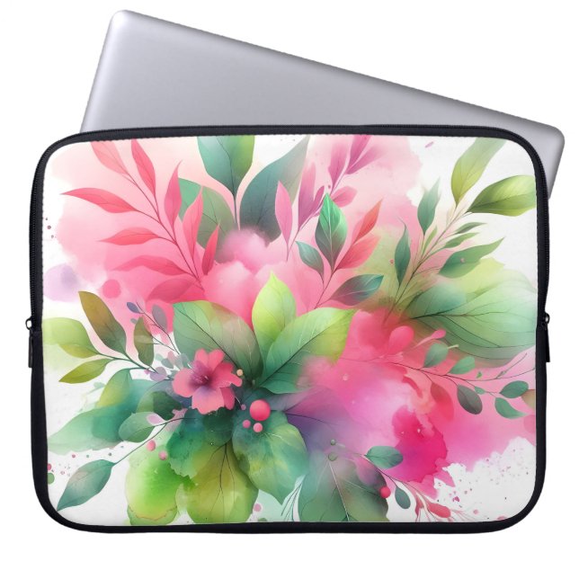 Capa Para Notebook Pink Green Watercolor Botanical Bloom (Frente)