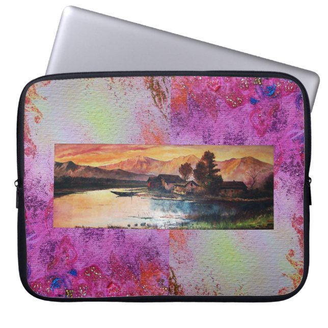 CAPA PARA NOTEBOOK PINK MONTANHAS LAKE ALPINE SUNSET LANDSCAPE (Frente)